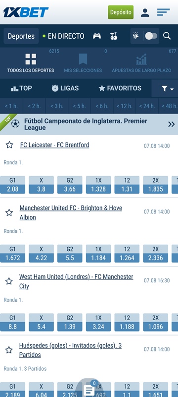 Vista de la aplicación en la pestaña de Deportes
